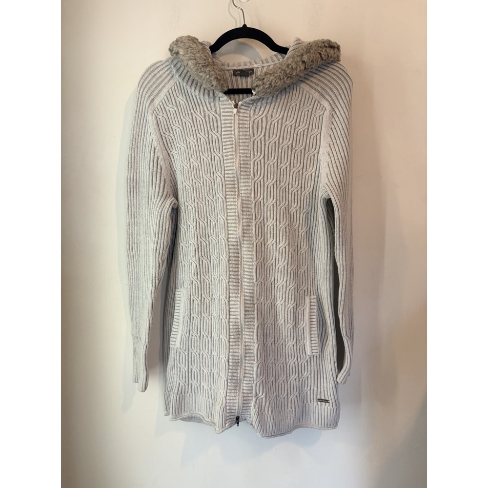 Eddie Bauer Womens XL Sweater Coat Gray Cable Knit Faux Fur Hood Zip Y2k Tunic